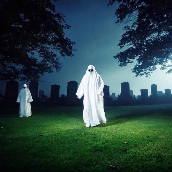 creepy ghosts creatures in cemetery at night with fog