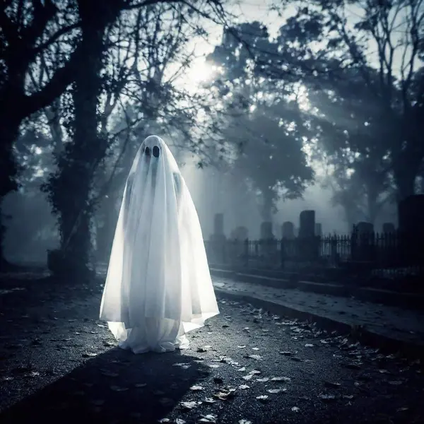 creepy ghosts creatures in cemetery at night with fog