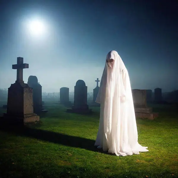creepy ghosts creatures in cemetery at night with fog