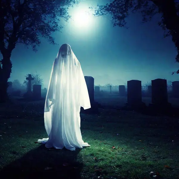 creepy ghosts creatures in cemetery at night with fog