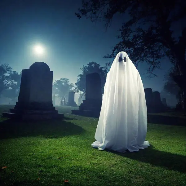 creepy ghosts creatures in cemetery at night with fog