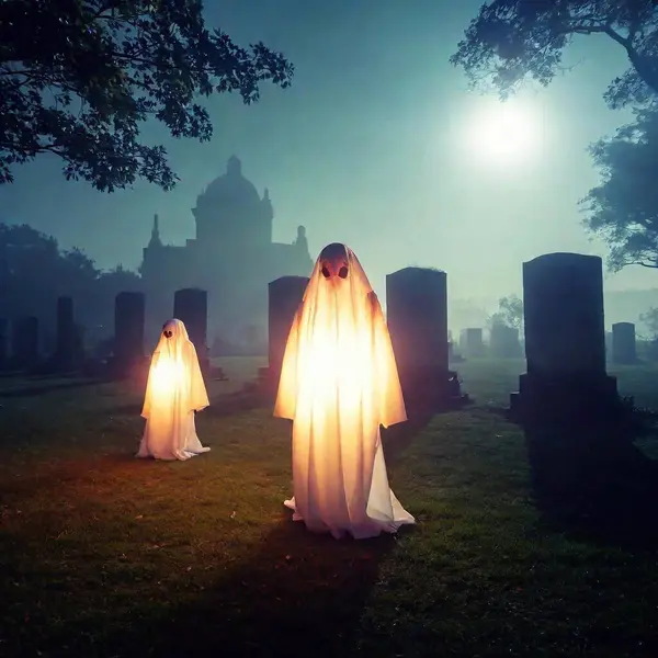 creepy ghosts creatures in cemetery at night with fog