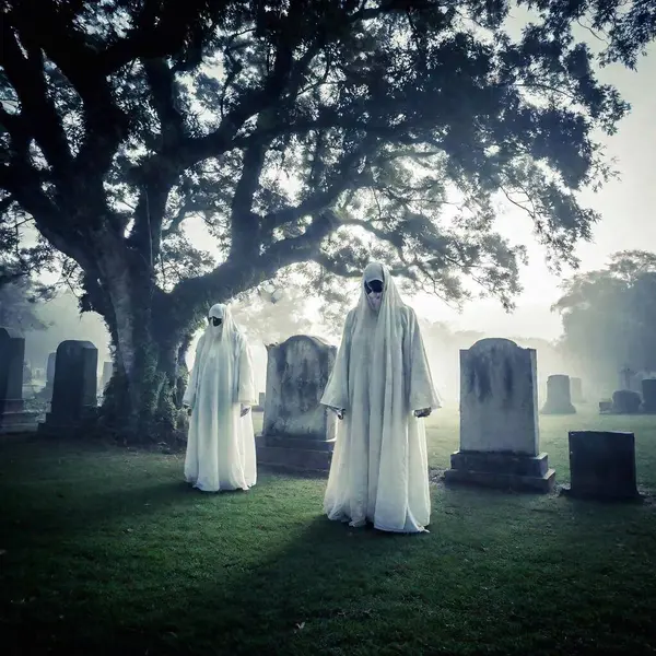 creepy ghosts creatures in cemetery at night with fog