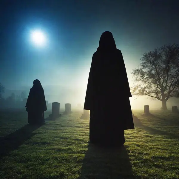 creepy black ghosts creatures in cemetery at night with fog