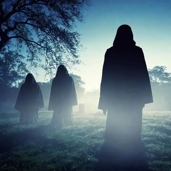 creepy black ghosts creatures in cemetery at night with fog