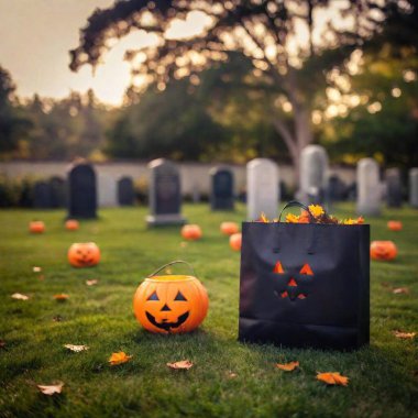 spooky yet inviting image of a Halloween scene with trick or treat bags scattered across the ground in a Wide Shot perspective. Utilize Soft Focus to enhance the magical allure clipart