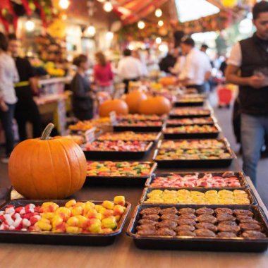 An overhead wide shot of a Halloween candy station at a street fair, with soft focus softening the edges and creating a cozy, festive atmosphere around the candy-filled tables clipart