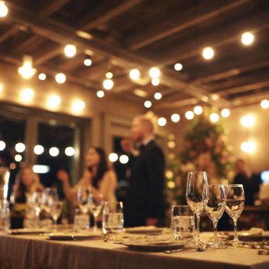 An establishing shot of a New Year party, taken from a low angle with deep focus. The photo captures the full extent of the decorations, from the intricately set tables to the ceiling draped with glittering lights and confetti clipart