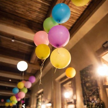 An establishing shot of a New Year party venue, captured with deep focus from a low angle. The photo emphasizes the grandeur of the decorations, showcasing towering balloons, streamers hanging from the ceiling clipart