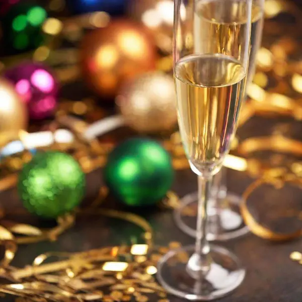 Champagne Bottle Christmas Decor Table — Stock Photo, Image