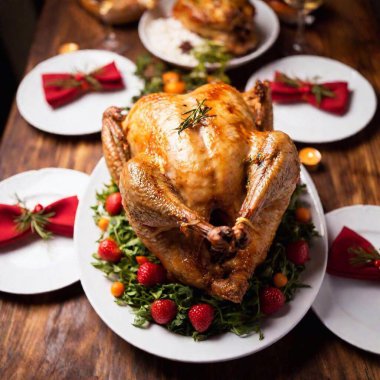 A wide shot taken from above of a New Years Eve feast, showcasing a roasted Thanksgiving turkey as the centerpiece. The image uses shallow focus to emphasize the turkey, with other festive elements and table settings gently out of focus clipart