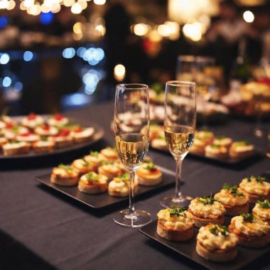 A close-up, ground-level shot of a New Year Eve gathering with a focus on a stylish spread of cocktails and canapes, using a split diopter to capture both the intricate details of the food and the ambient party lights clipart