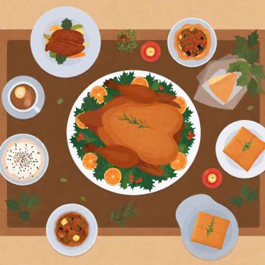 A vector flatlay of a New Year's Eve feast, captured in an extreme wide shot. The roasted Thanksgiving turkey is the central focus, with deep focus allowing all the surrounding dishes, cutlery, and decorations to be visible in crisp detail clipart