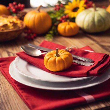 macro shot of a Thanksgiving dinner table, rack focus effect.  photo presents a detailed view of the table settings, from the plates, knife, fork to the autumnal decorations. clipart