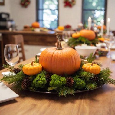 A Thanksgiving dinner table setup with a focus on the centerpiece, depicted in a medium close-up, low-angle shot with a rack focus. The photo emphasizes the height of the decorations and the arrangement of the food. clipart