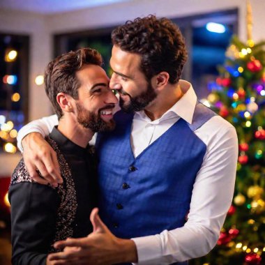 gay couple, captured in a moment of joyful dance at a New Year Eve celebration. The deep focus brings out the full scene, including the colorful lights and lively partygoers, Christmas tree on background clipart