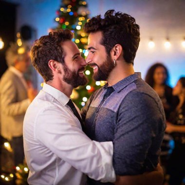 gay couple, captured in a moment of joyful dance at a New Year Eve celebration. The deep focus brings out the full scene, including the colorful lights and lively partygoers, Christmas tree on background clipart