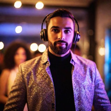 man with headphones enjoying music, as she dances at a New Years Eve party. The shallow focus emphasizes the delicate details, while the softly blurred background adds to the festive atmosphere clipart