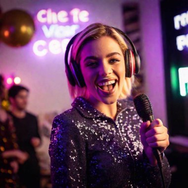 young Caucasian non-binary person singing in microphone, joyfully moving to the music at a New Years Eve party. photo captures expression and the vibrant surroundings, making the scene come to life, blurred neon lights. model face with make up clipart