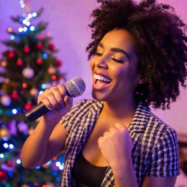 young black woman singing with a karaoke clipart