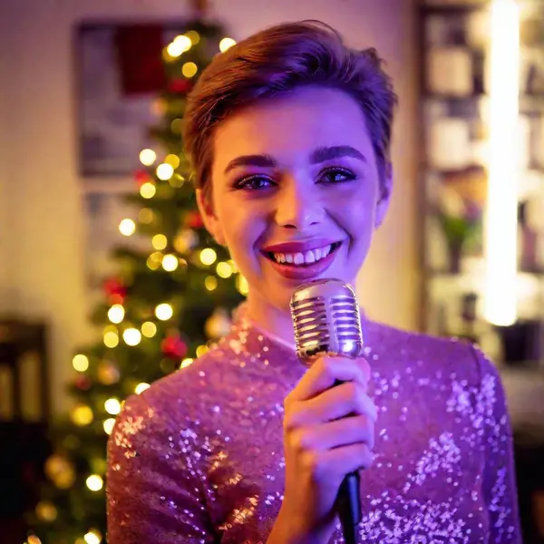 Young Girl Short Blonde Hair Red Jacket Microphone Lights Garland — Stock Photo, Image