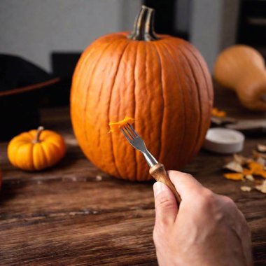 halloween pumpkin with knife, fork and knife. high quality photo clipart