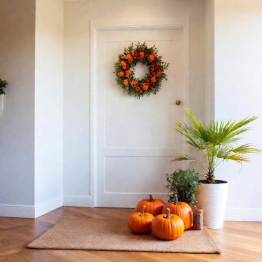 beautiful autumn leaves, pumpkins and candles in the fireplace clipart