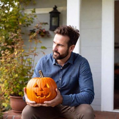 young handsome man with pumpkin in park outdoors, halloween concept clipart