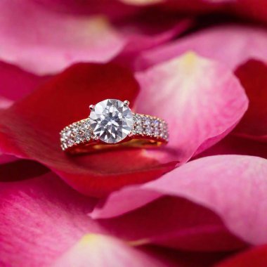 An extreme macro, deep focus flatlay studio shot of a sparkling diamond engagement ring placed on a bed of rose petals. Every detail of the ring, from the cut of the diamond to the texture of the petals, is crisply visible clipart