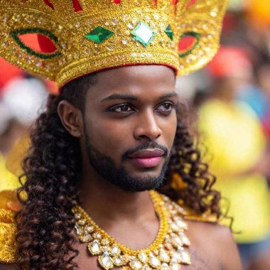 Extreme close up shot carnival costume on city background during the carnival in Rio de Janeiro. Detailed photo realistic portrait with rack focus clipart