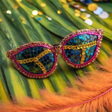 A split diopter extreme macro flatlay of carnival costume accessories, focusing on the vibrant textures of sequins in the foreground while capturing the soft feathers and fabric patterns in the background. clipart