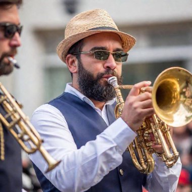 A musical band at Carnival performing in the street. The portrait image is an extreme macro of a trumpet player, captured at a Dutch angle with deep focus clipart