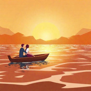 Valentine's Day date idea, with an eye-level perspective and shallow focus, capturing a couple enjoying a sunset boat ride together. cartoon illustration art, heart shaped sun clipart