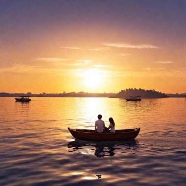 Valentine's Day date idea, with an eye-level perspective and shallow focus, capturing a couple enjoying a sunset boat ride together. sketch style illustration art, heart shaped sun clipart