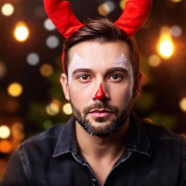 A close-up photo of a caucasian male adult wearing devil horns and red face paint, with deep focus capturing the intensity of his gaze and the festive decorations in the background, eye level shot providing a striking portrait clipart