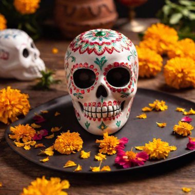 Close-up shot of a vibrant sugar skull with intricate designs, with the skull's face in sharp focus and the surrounding decorations softly blurred, capturing the festive spirit of Dia de los Muertos clipart