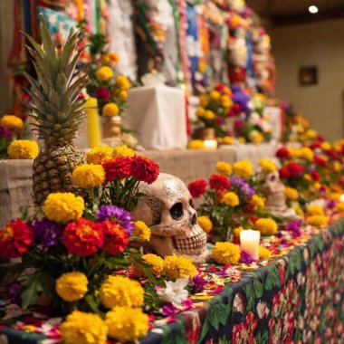 vibrant altar adorned with photos, candles, and flowers, with one central decoration in sharp focus and the others softly fading into the background, capturing the rich cultural significance of Dia de los Muertos clipart