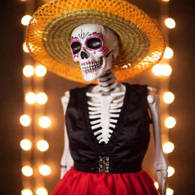 extreme macro Dia de los Muertos skeleton costume, set against a backdrop of festive lights and music. clipart