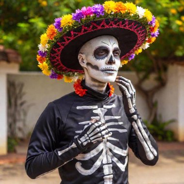 Dia de los Muertos skeleton costume, capturing the warmth and reverence of the celebration clipart