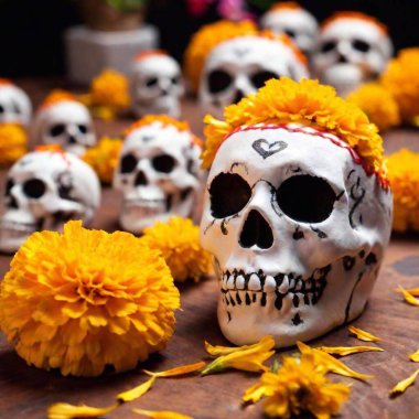 extreme macro high contrast image of decorations made of marigold flowers and sugar skulls used for 