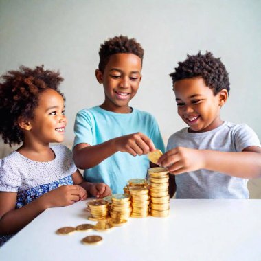 Children laughing and playing with Hanukkah gelt, stacking the chocolate coins into towers. clipart