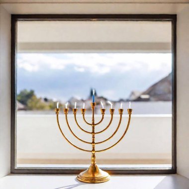 A window adorned with a glowing Hanukkah menorah, with dreidel-shaped string lights hanging around the frame clipart