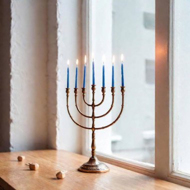 A window adorned with a glowing Hanukkah menorah, with dreidel-shaped string lights hanging around the frame clipart