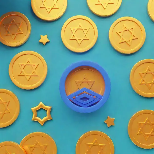 stock image macro 3d cartoon flatlay image of Hanukkah gelt coins with a star of david