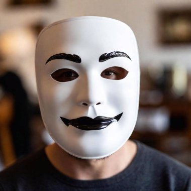 A close-up (CU) eye-level shot of a high-quality Guy Fawkes mask with deep focus. The mask sharp details, including the mustache, smile, and eyebrows, are clearly visible, while the background remains in focus, adding depth to the photo. clipart