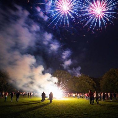 An extreme wide shot at eye level capturing a Guy Fawkes Night celebration in a park. The focus starts on the bonfire, with the rack focus moving to reveal families and friends gathered around, with fireworks exploding above. clipart