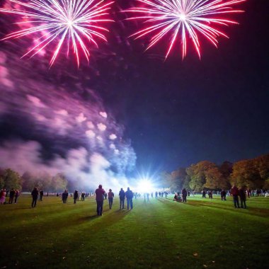 An extreme wide shot at eye level of a large, open field during Bonfire Night, with fireworks exploding in the sky. The shallow focus emphasizes the colorful bursts in the foreground, while the distant crowd and bonfire are softly blurred. clipart