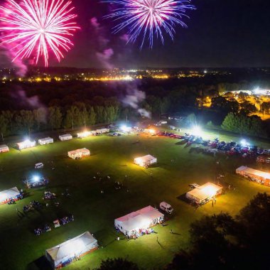 A full shot (FS) aerial view of a festival ground on Bonfire Night, with fireworks bursting above. The deep focus shows the entire scene, from the colorful fireworks in the sky to the bustling crowd, bonfire, and tents below. clipart