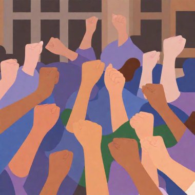 vibrant crowd of women holding equality raised fists in a city square, rack focus sharpening on a group of friends celebrating together in the foreground. cartoon illustration clipart