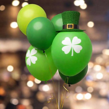 Long Shot (LS), Rack Focus, Eye Level Shot, vector: A festive parade with Shamrock symbols hanging from banners and balloons, with the main focus on the symbols while the background is softly blurred. clipart